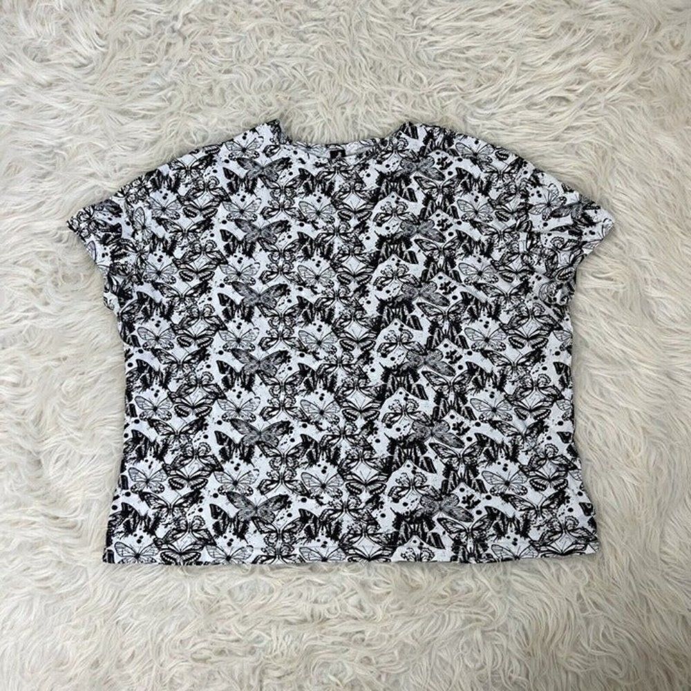 Womens Black & White Moth Butterfly Print Short Sleeve Crewneck T-Shirt Size XL